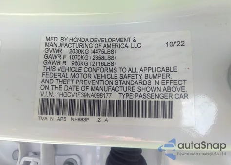 2022 Honda Accord Sport z USA, uszkodzony, nr VIN 1HGCV1F39NA098177